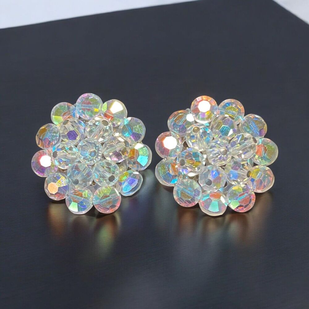 Vintage AB Bead Cluster Clip Earrings Metal hand-wired Iridescent Shiny Bright